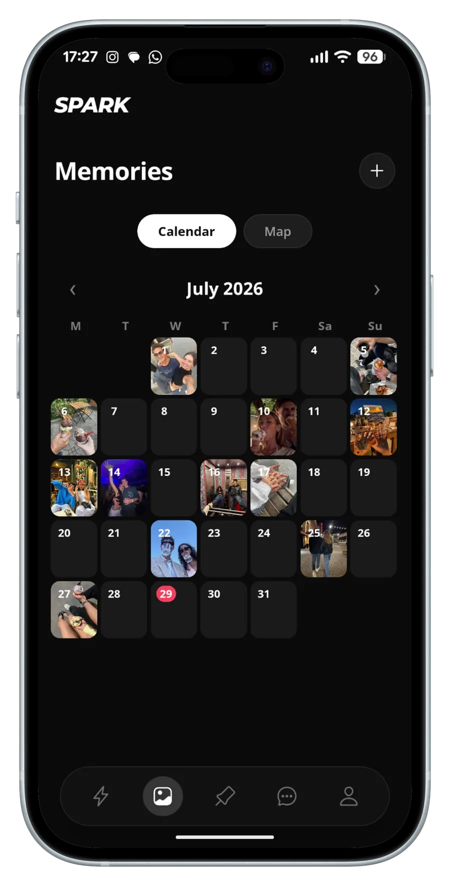 Spark memories calendar showing shared photos